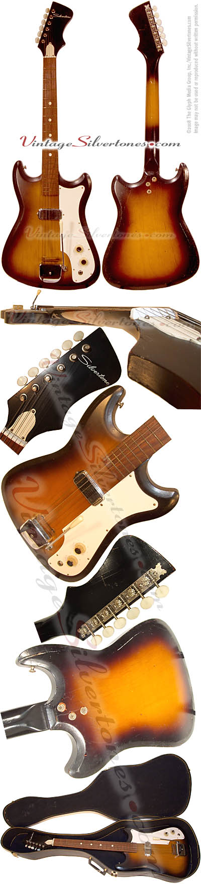 Silvertone 1416, solid body, electric guitar with 1 pickup, walnut sunburst made by Kay of Chicago, IL 1965