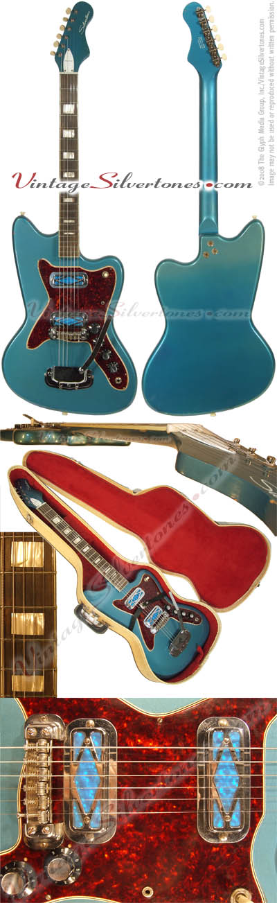 Silvertone 14788- Harmony-made solid body, 2 pickup, blue electric guitar in sunburst with blue prickups made cirac 1967, made in Chicago IL USA
