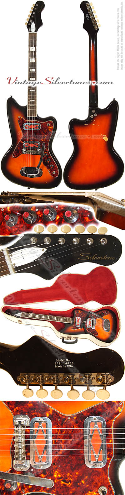 Silvertone - Harmony-made solid body, 2 pickup electric guitar in sunburst with red prickups for Christmas 1967, made in Chicago IL USA