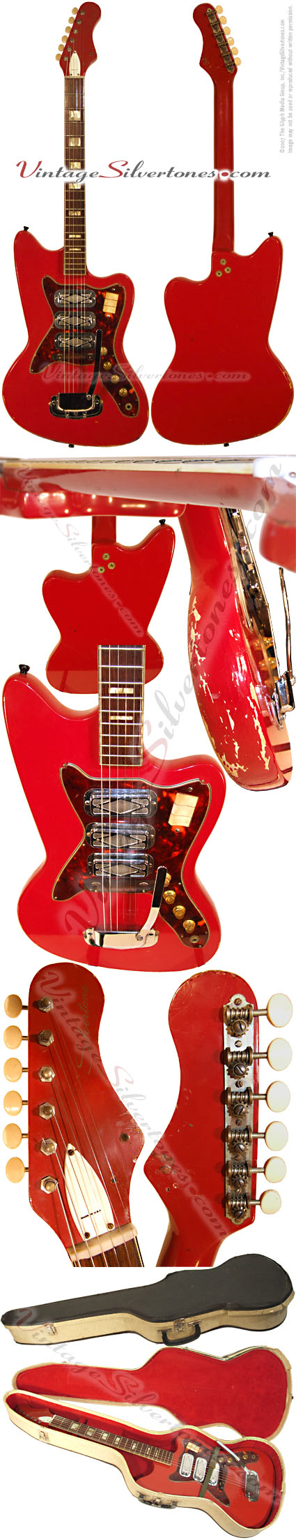 Silvertone - Harmony-made solid body, 3 pickup electric guitar in red, made in Chicago IL USA