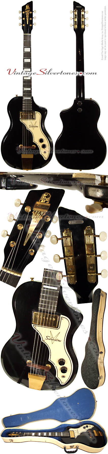 Silvertone Artist electric guitar with one single coil pickup in black with all gold hardware and original case made by Supro in 1958  Chicago IL