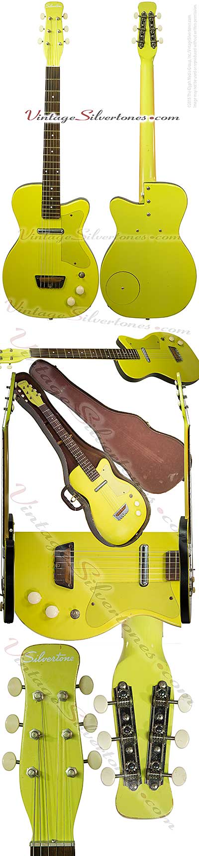 Silvertone 1358 made by Danelectro U1, one pickup, electric guitar, semi-hollow body, yellow finish black vinyl binding, masonite body, lipstick pickup, made in 1955