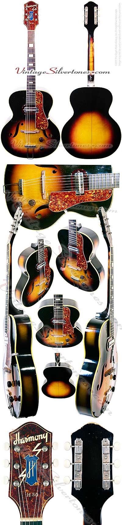 Harmony H50 made by Harmony in Chicago, one pickup, electric guitar, hollow body, sunburst white striped binding, spruce top, maple sides and back, made in 1952
