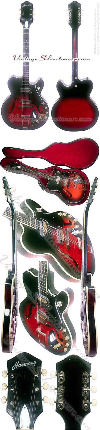 Harmony H66 made by Harmony in Chicago, two pickup, electric guitar, hollow body, sunburst white binding, made in 1961
