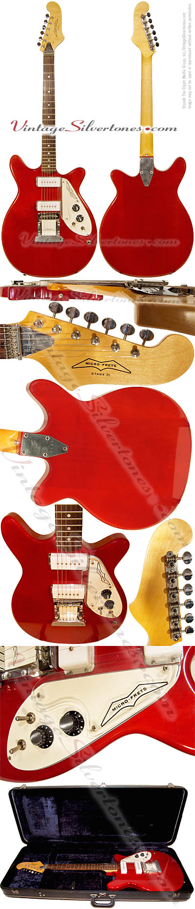 MicroFrets Stage 2, two pickups, cherry/transred semihollow body electric guitar with original case made in Frederick, Maryland, USA