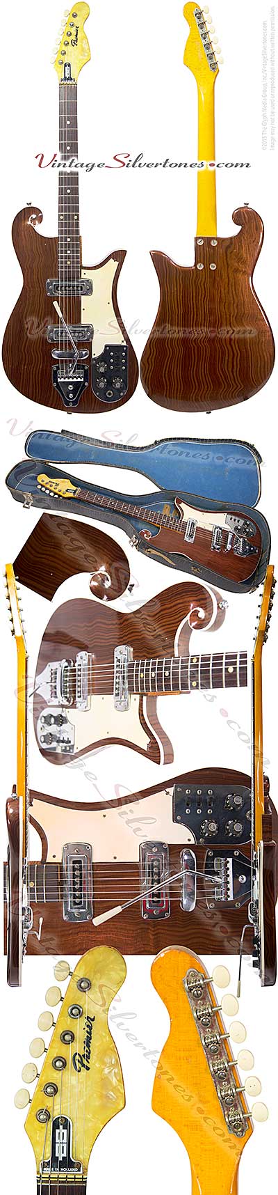 Multivox Premier, scroll, burl walnut finish, double pickup, electric guitar, solid body, ivoroid binding, made in 1966