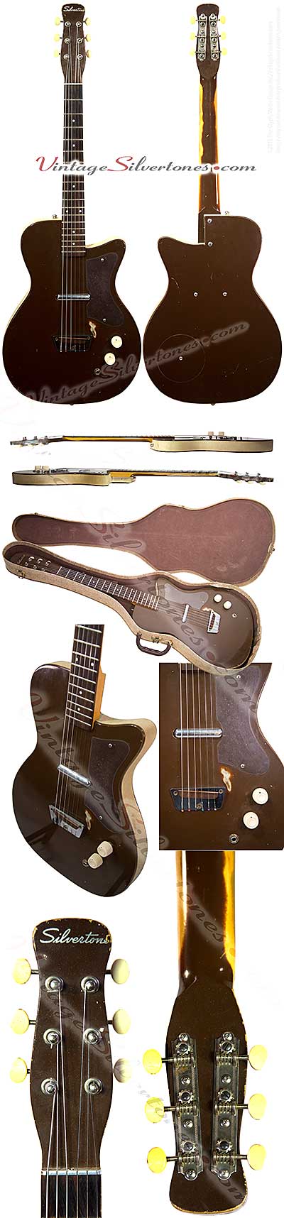 Silvertone 1452 made by Danelectro U1, one pickup, electric guitar, semi-hollow body, brown body with white tolex binding, masonite body, lipstick pickup, made in 1959