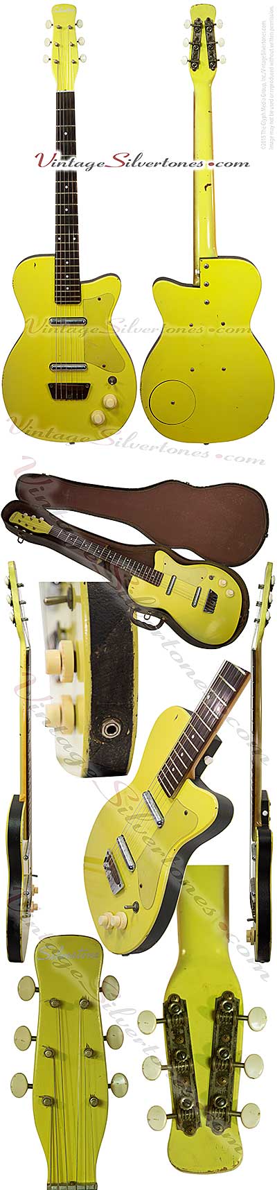 Silvertone 1360 made by Danelectro U2, two pickup, electric guitar, semi-hollow body, yellow body with black vinyl binding, masonite body, lipstick pickup, made in 1955