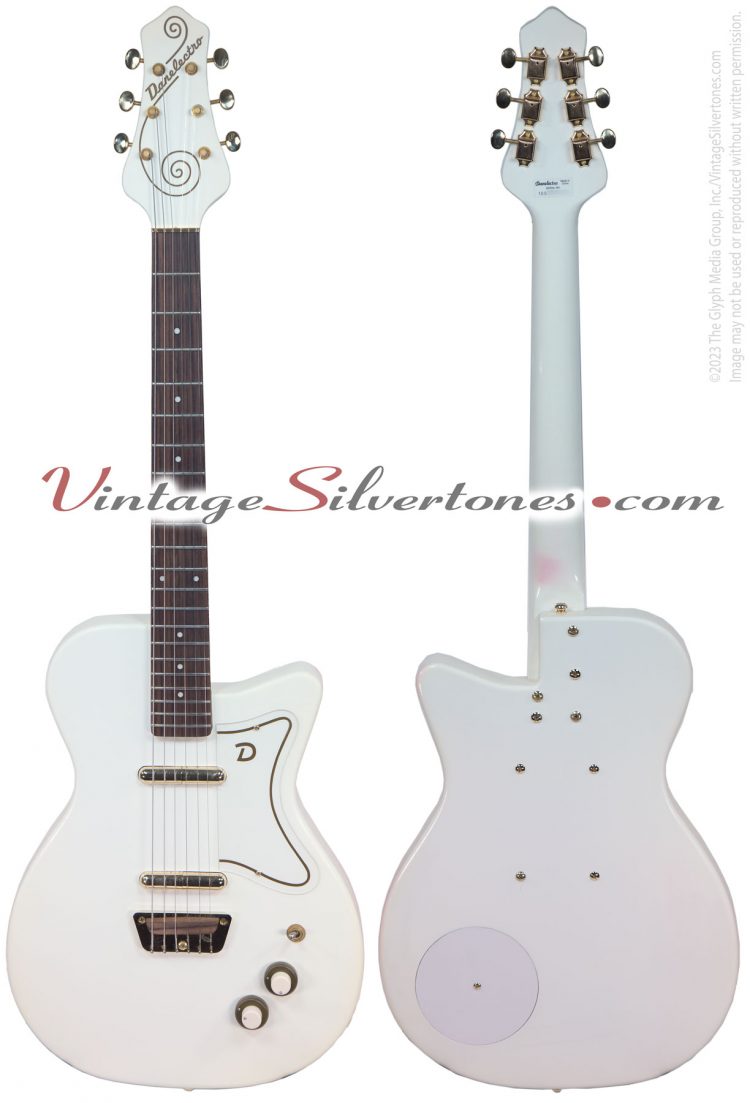 Danelectro '56 Single Cutaway Guitar/U2 electric guitar two pickups, white, gold hardware, ohsc, made in China 2011 reissue-front-back