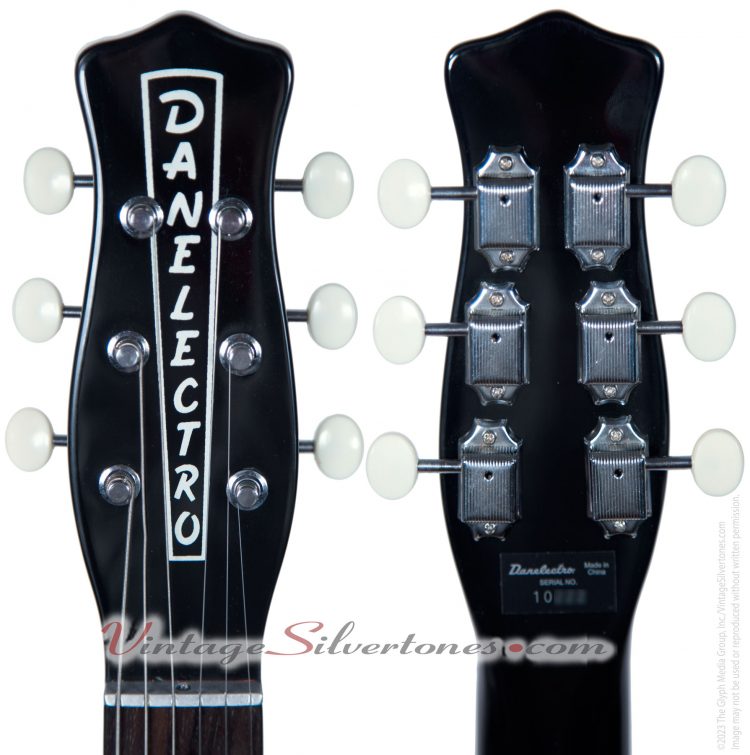 Danelectro Wild Thing electric guitar two pickups, high-gloss black, Danelectro gig bag made in China 2011 - reissue - headstock