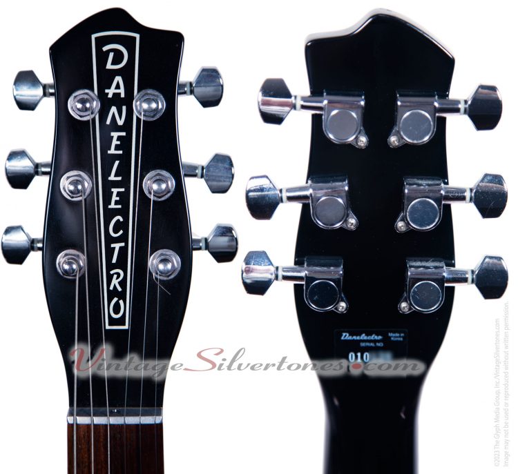 Danelectro U2/56 Pro electric guitar two pickups, black, made in Korea 2005 reissue - front/back - headstock