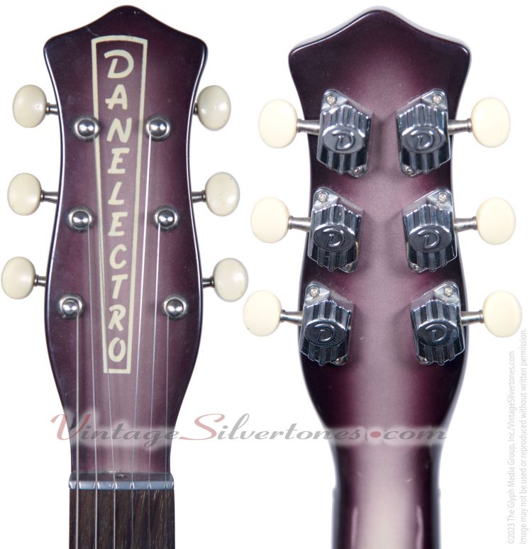 Danelectro U2 electric guitar two pickups, purpleburst, original gig bag reissue circa 1998 - headstock