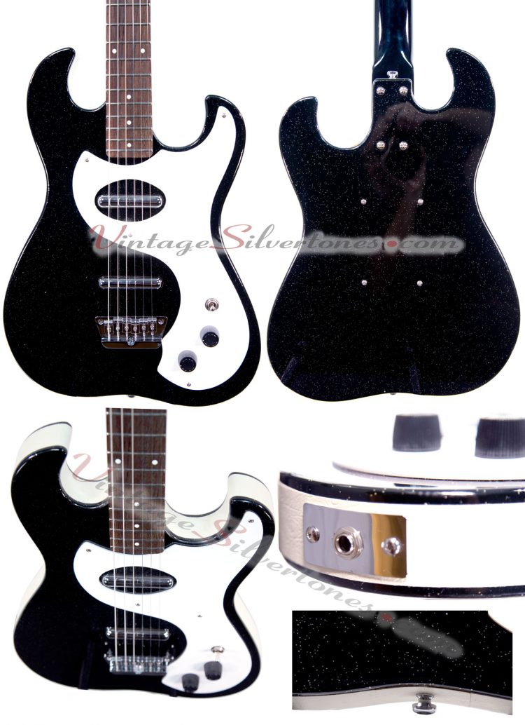 Danelectro 63 BLK SPK (1449 reissue) 2 pickup electric guitar, black sparkle finish, made in China in 2014 - body details