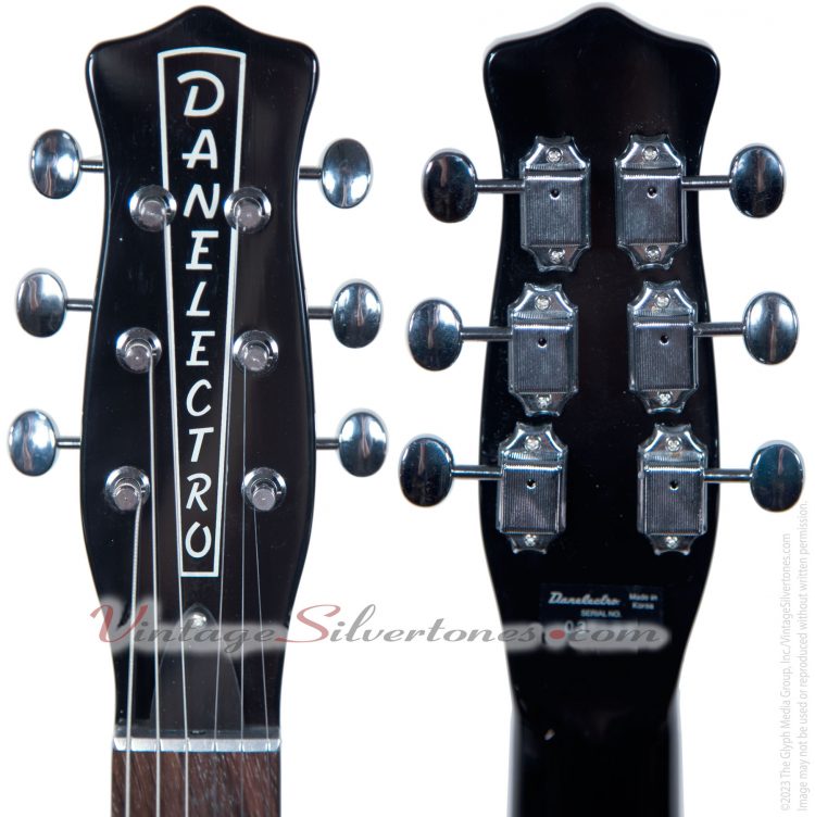 Danelectro 63 BLK SPK (1449 reissue) 2 pickup electric guitar, black sparkle finish, made in China in 2014 - headstock